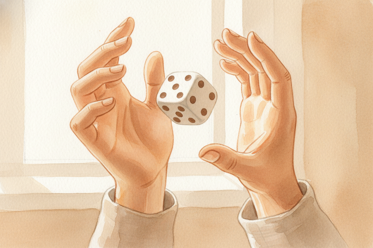 You pick up a six-sided die and turn it in your hand. Every face has a different number of dots — one, two, three, four,
