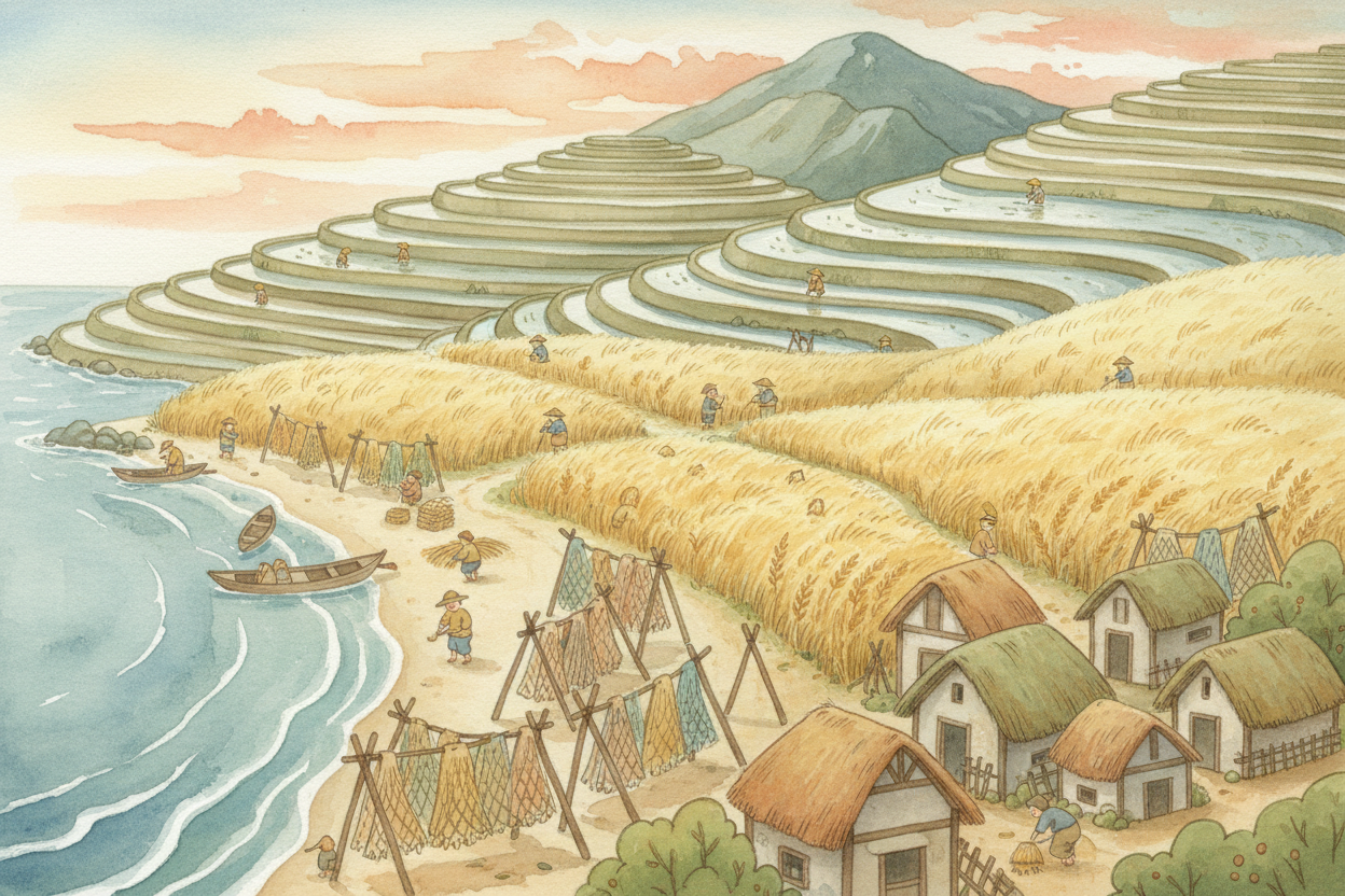 식료품점도 배달 트럭도 없던 *아주 오래전*, 사람들은 가까운 곳에서 자라는 것만 먹을 수 있었습니다. 해마다 봄이면 물이 차오르는 논이 있는 곳에 살았다면, 쌀을 먹었지요. 메마른 들판에 밀이 출렁이는 곳에 살았다