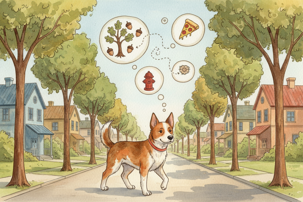 They also sniff to make *mental maps*. While you navigate by street signs, your dog navigates by **smell-landmarks**: _t