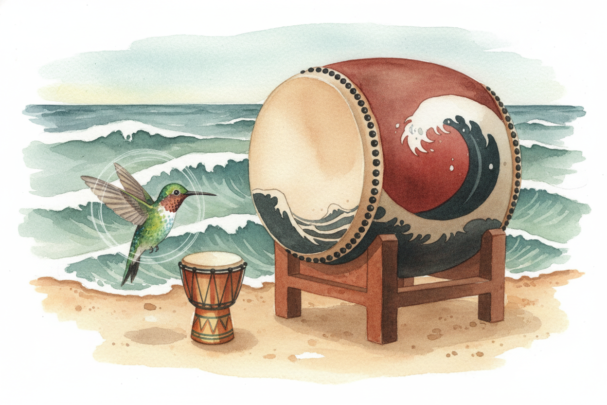 Small, tight drumheads vibrate FAST — **hundreds of times per second** — so they make high sounds. Big, loose drumheads 