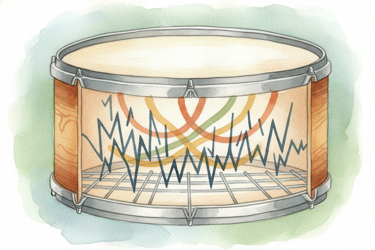 A deep wooden shell lets the drumhead vibrate freely, so the sound **blooms and sustains**. A shallow metal shell with t