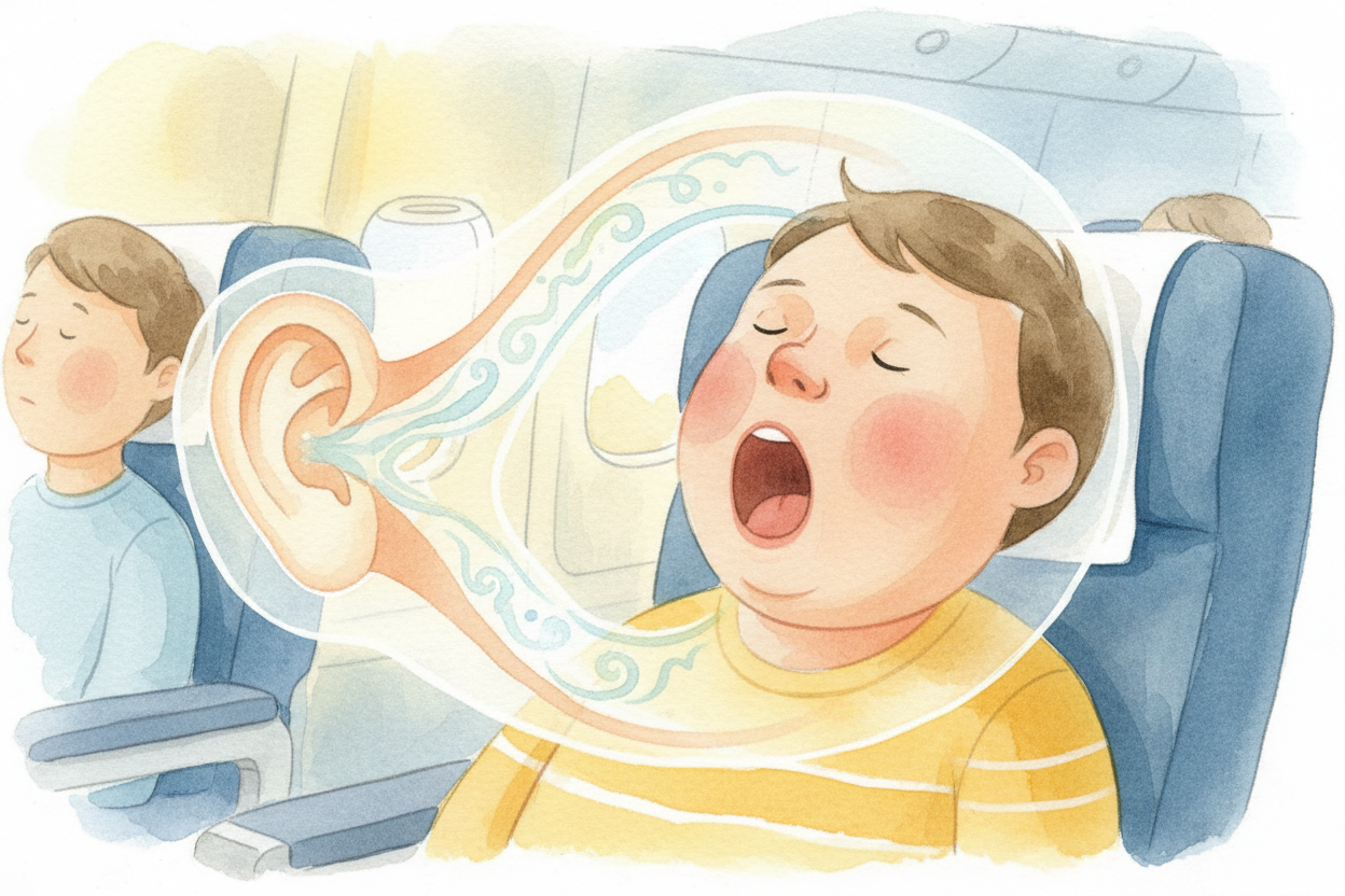 The ++Eustachian tube++ is usually closed, **like a door that sticks**. When you swallow, yawn, or chew gum, tiny muscle
