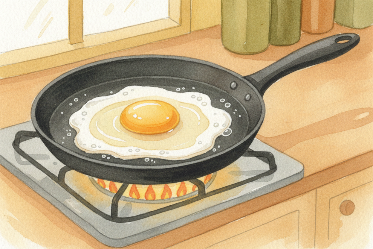 ~~Crack an egg into a hot pan and watch:~~ in seconds, **the clear goop turns white and solid**. The runny yolk firms up