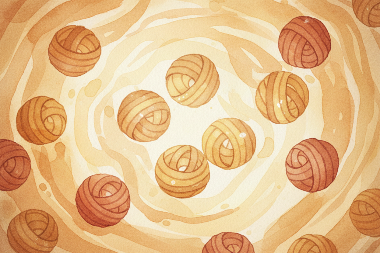 Inside that raw egg are **millions of proteins** — long molecules folded up tight _like tangled balls of yarn_. They're 