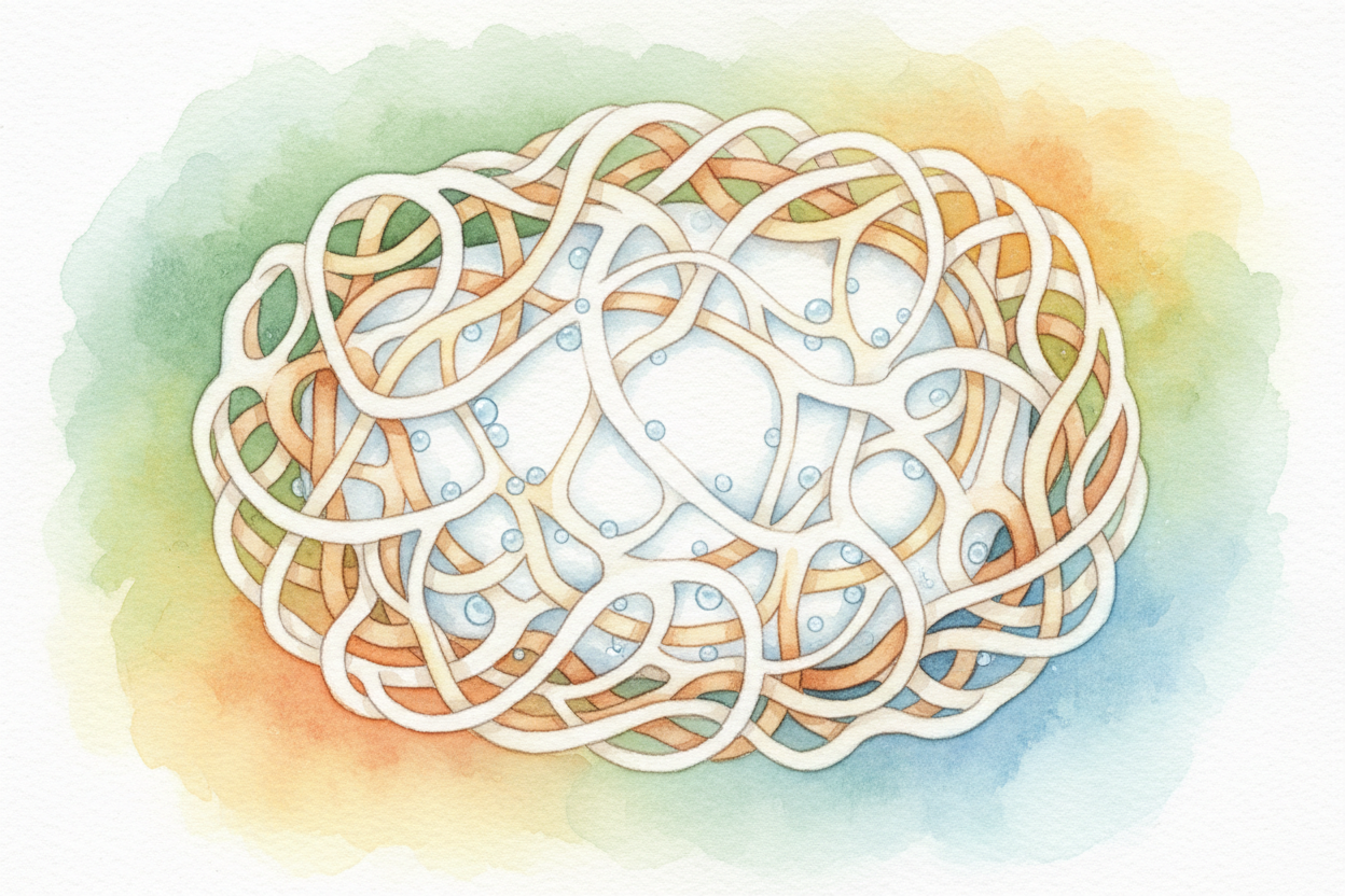 The strands keep connecting until they've built a **solid mesh** throughout the whole egg white — a net so tight that wa