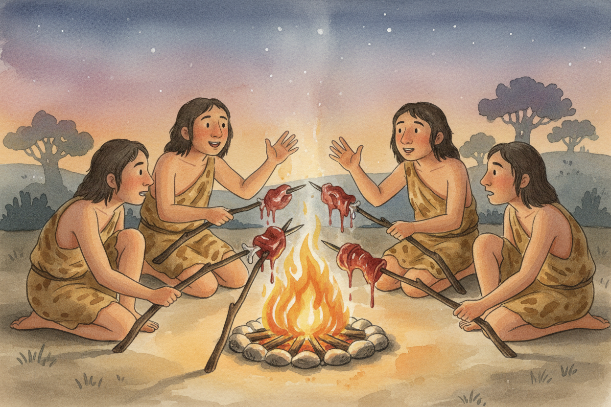 **Millions of years ago**, our ancestors discovered fire. ~~Suddenly~~, they could cook food—which meant they had to sit