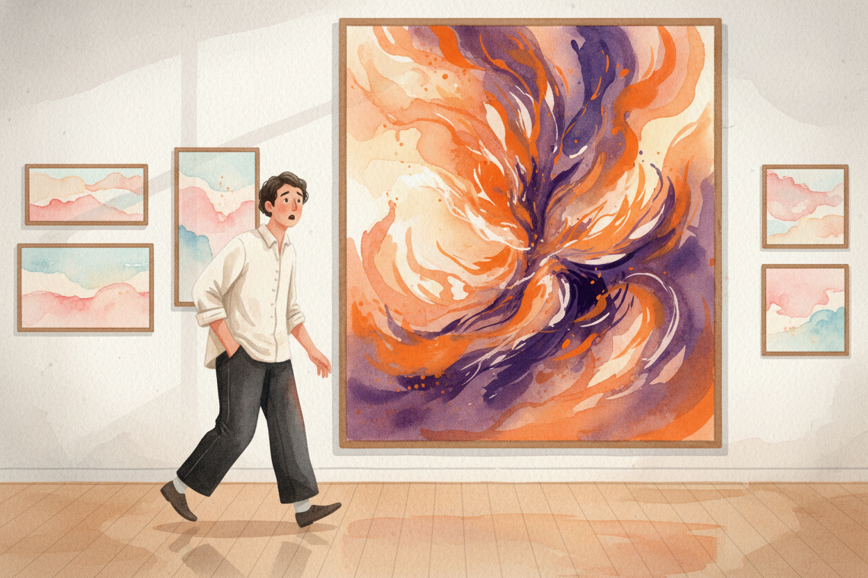 Art does the same thing, but for a different reason. A painter doesn't need you to spot the canvas from a mile away — th
