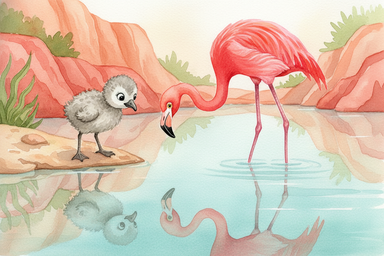 Flamingos are born gray. Fluffy, awkward, completely gray. Then, over months and years, ~~something wild happens~~: they