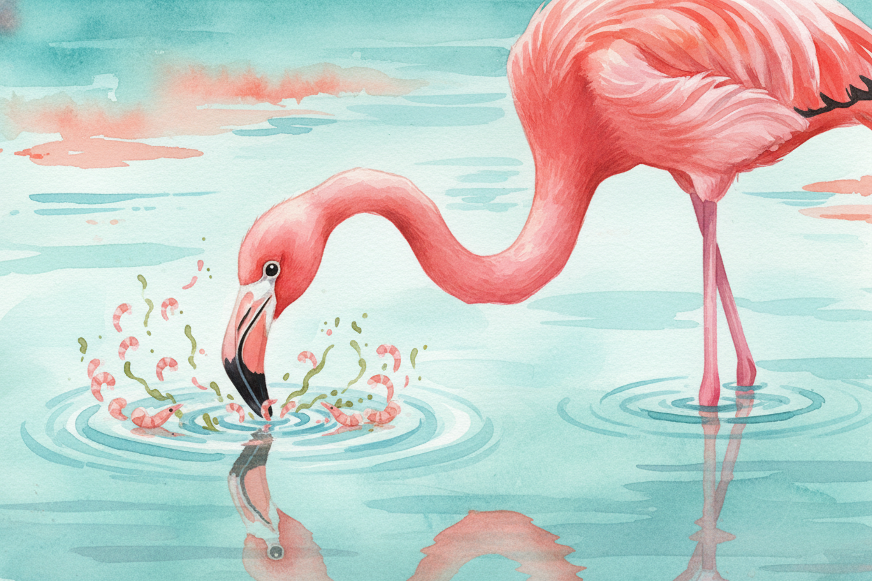 Flamingos eat tiny shrimp and algae all day long. They dunk their beaks upside-down in shallow water and filter out thou