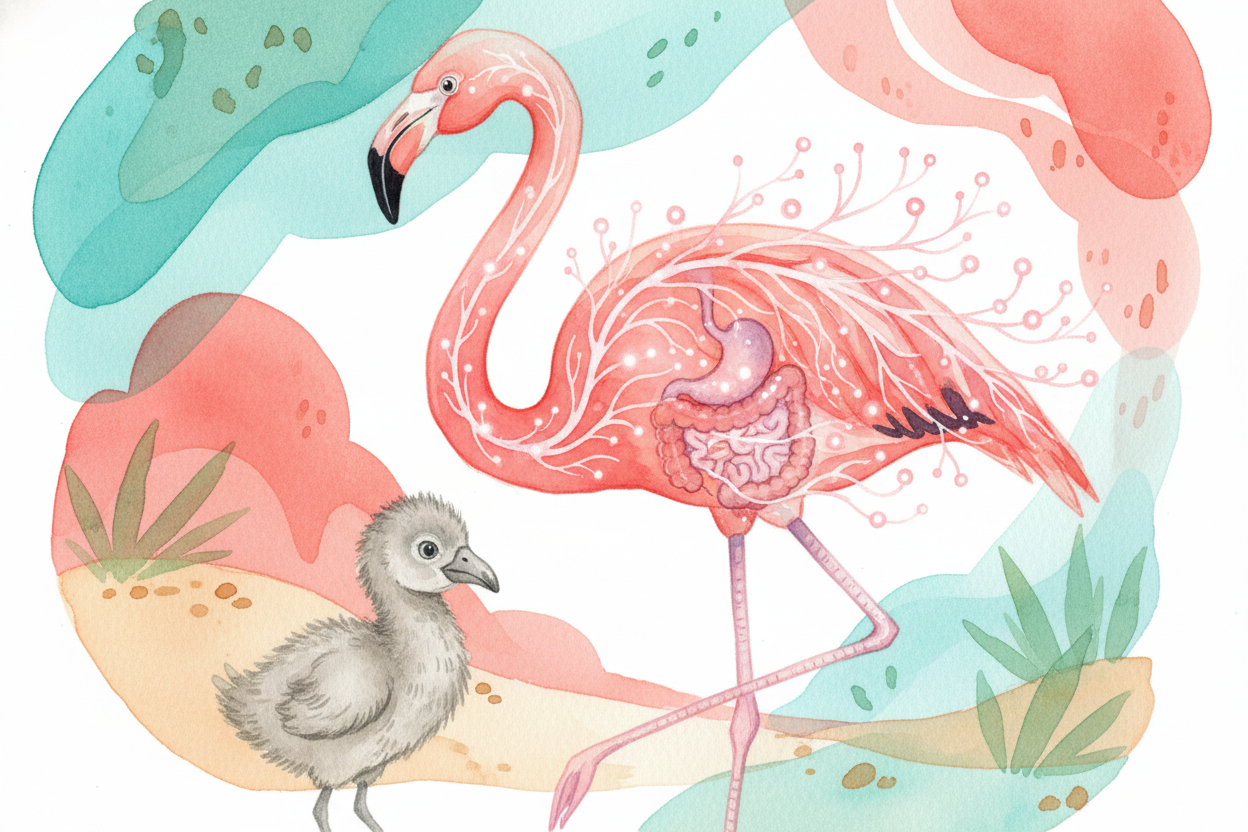 When a flamingo digests its meal, those carotenoid molecules break down in its gut and get absorbed into its bloodstream