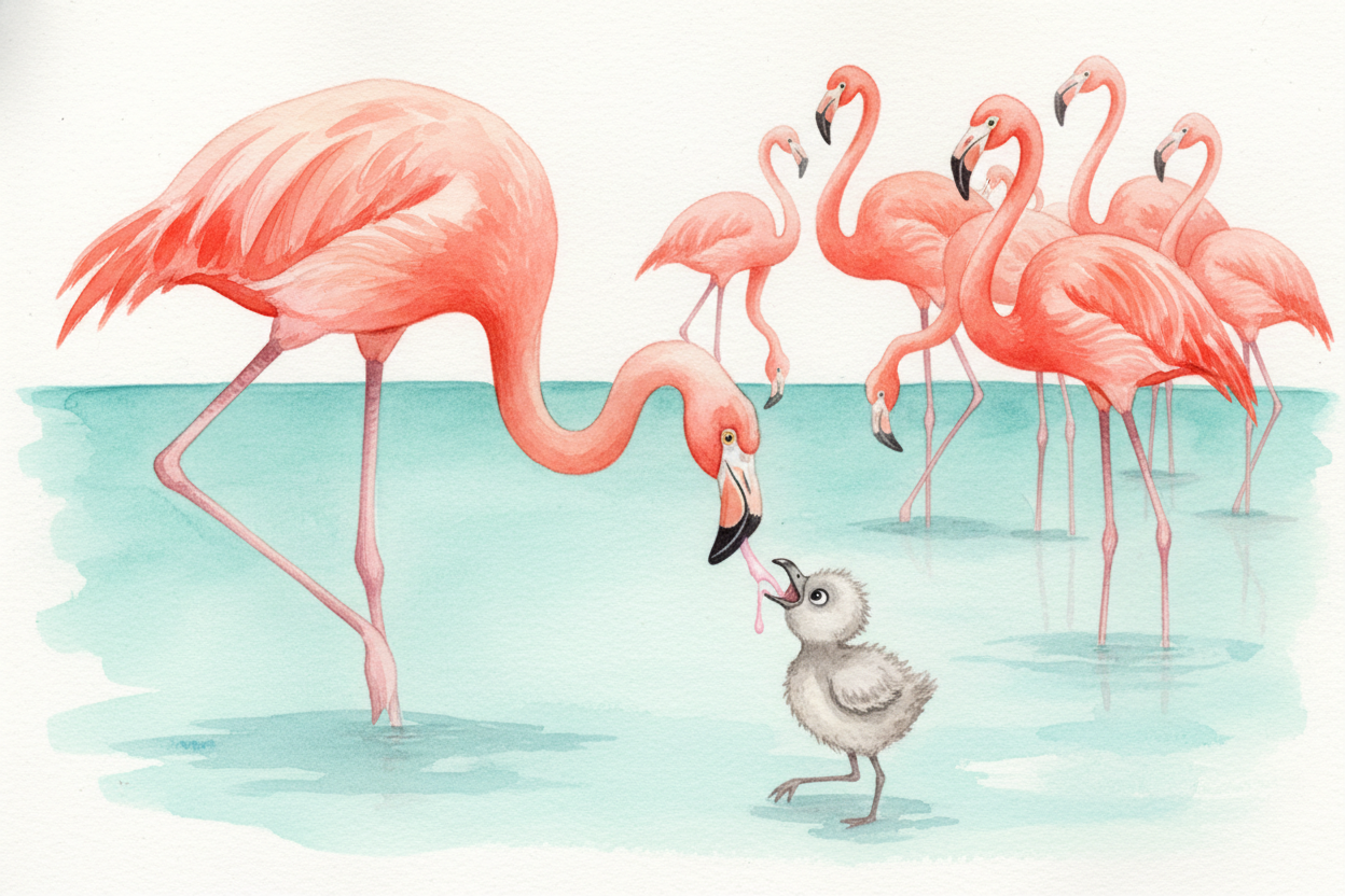 And it's not just feathers. Flamingo skin, beaks, and even egg yolks turn pink from carotenoids. When a parent flamingo 