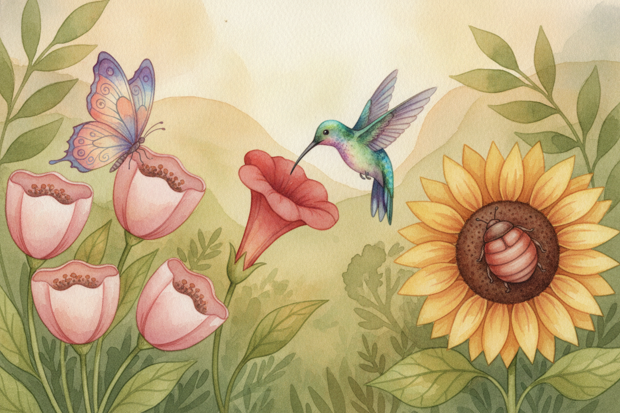 ~~And bees aren't the only ones on the payroll.~~ Butterflies sip with _long curled tongues_. Hummingbirds hover and dri