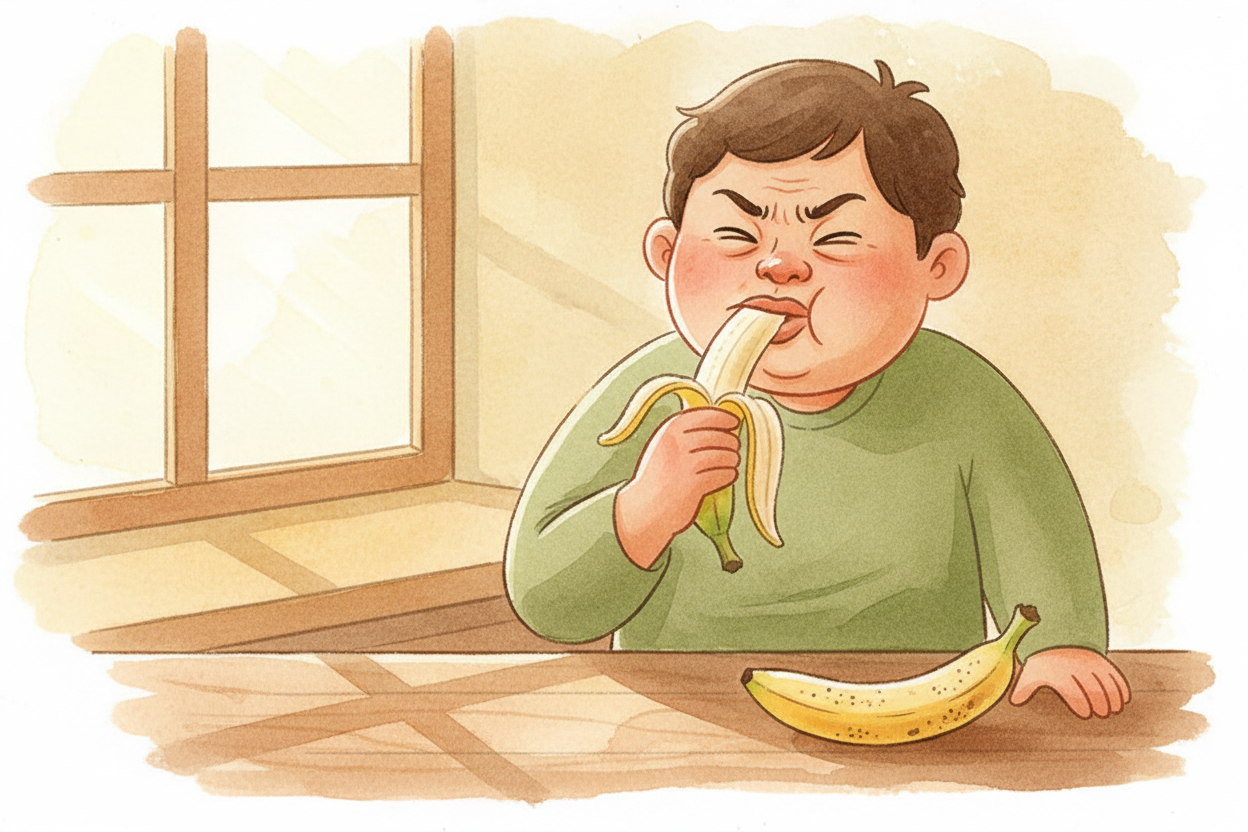 초록 바나나를 한 입 베어 물면 입이 저절로 오므라들어요. ~~으엑.~~ **그런데** 일주일을 기다려 노랗게 익고 *까만 점이 송송* 생기게 두면, **갑자기 사탕처럼 달콤해지죠**. 그 껍질 안에서는 ~~무슨 일