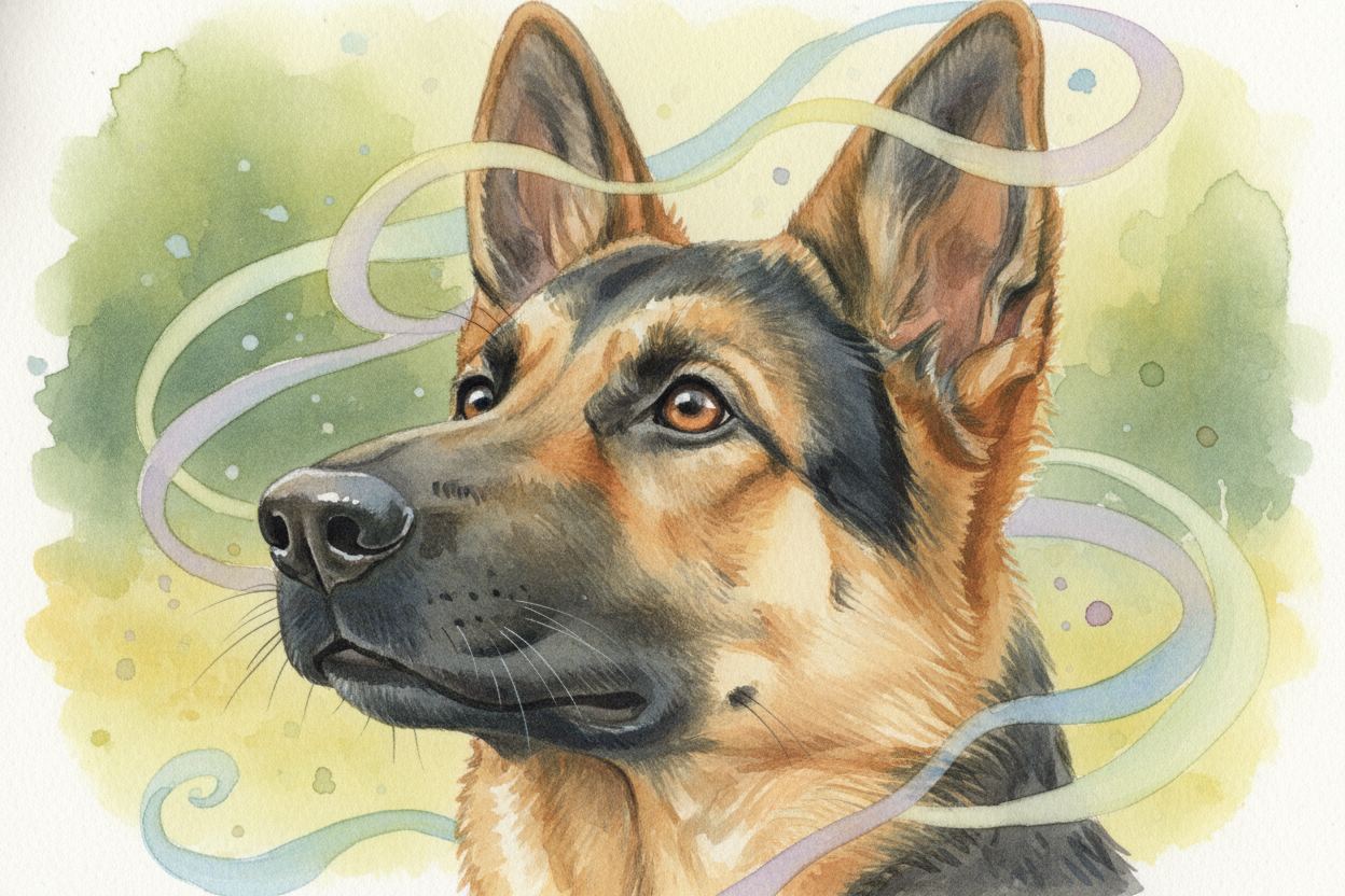 ~~Here's the superpower:~~ their nose has about **225 million scent receptors**. You have 5 million. To a German Shepher