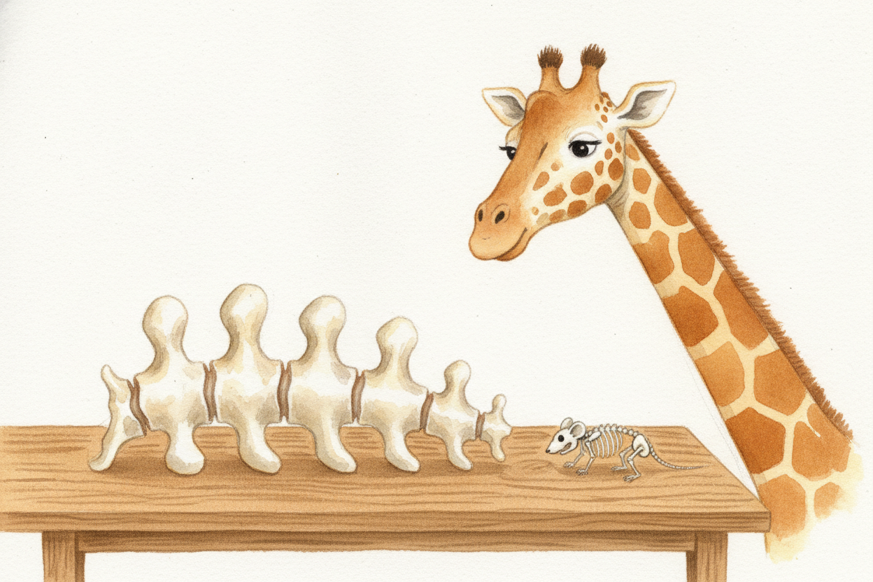 ~~First, the big surprise.~~ A giraffe's neck has **exactly seven bones** — *the same number as in your neck*, and a mou