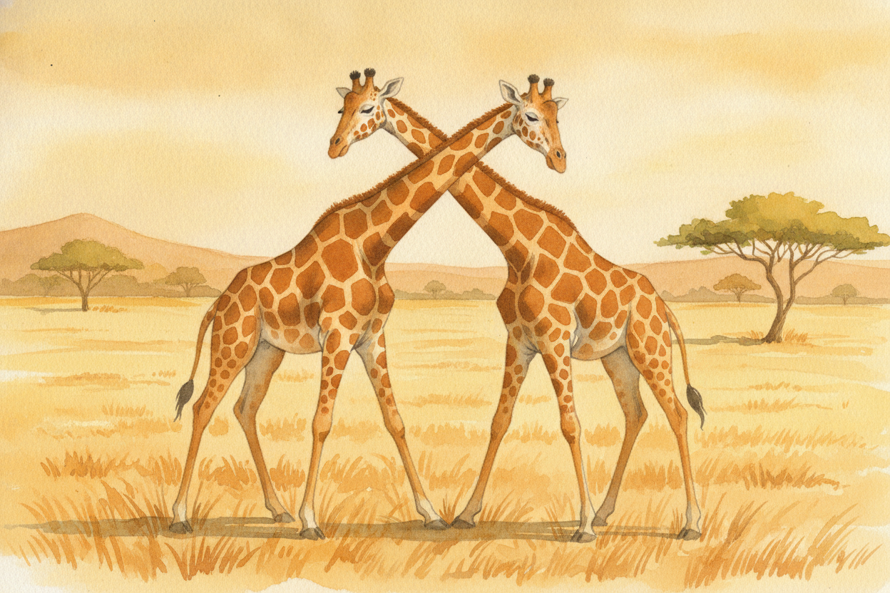 But scientists think there's a second reason, and it's a bit of ~~friendly showing-off~~. Male giraffes **swing their ne