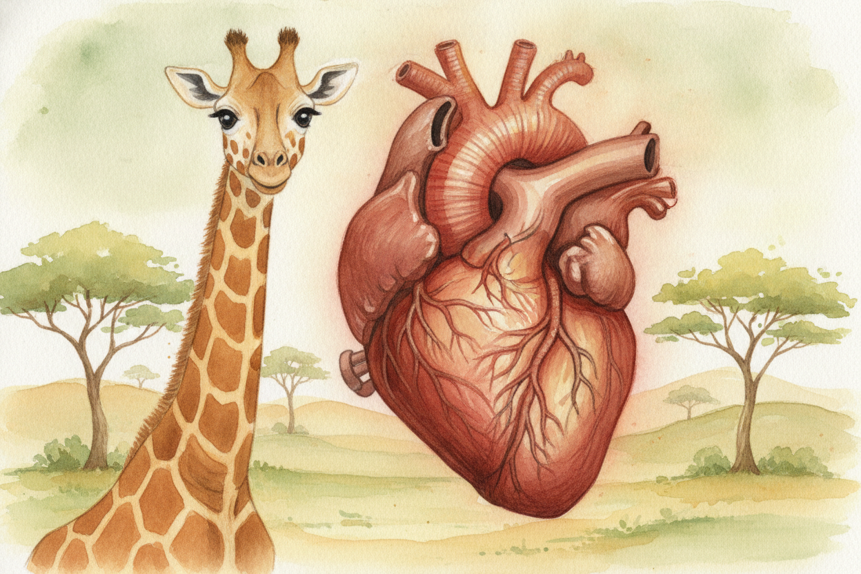 So the giraffe built a ++super-pump++. Its heart is huge and thick-walled, **like a balled-up fist of muscle**, and it s