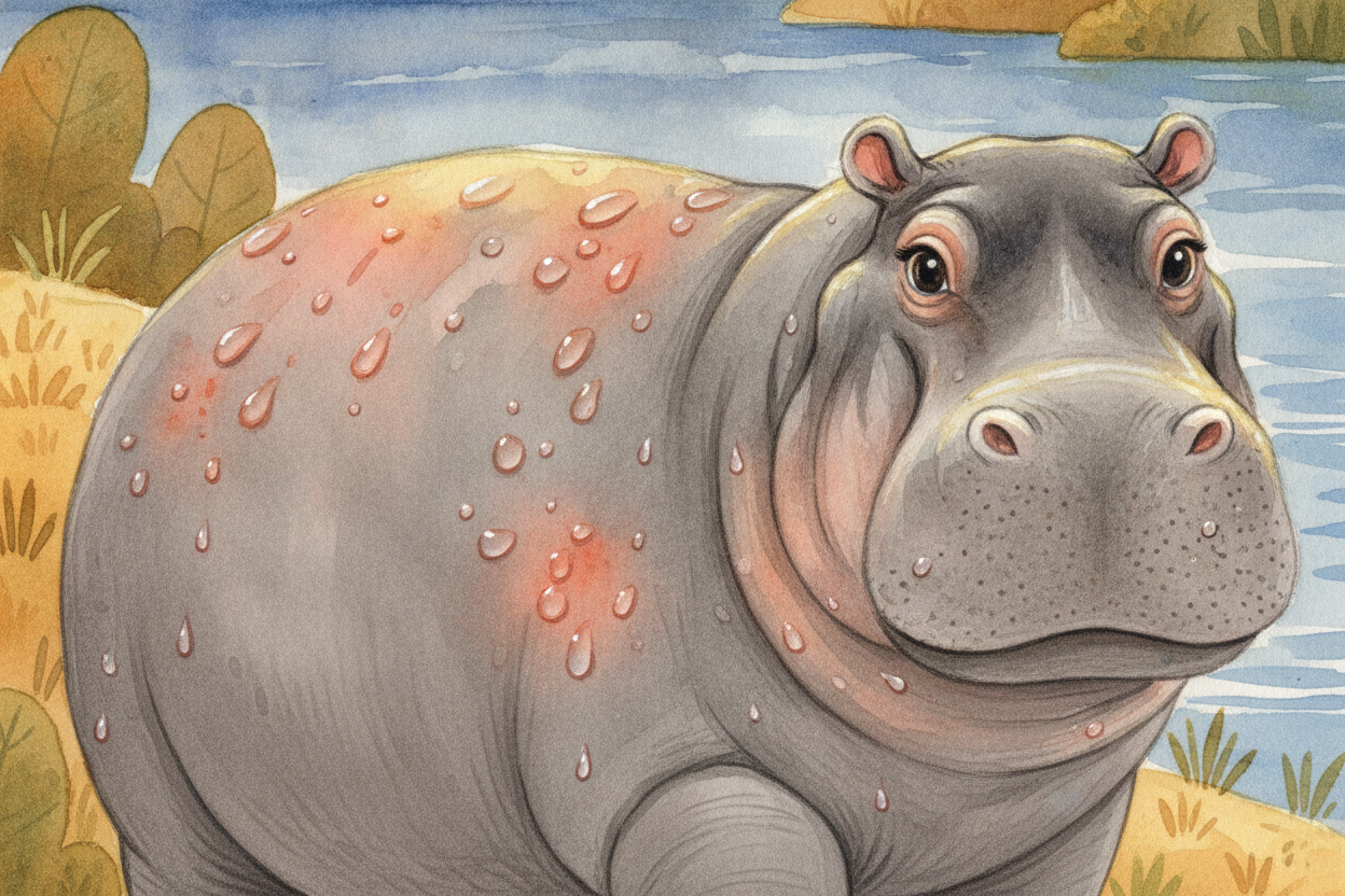 When a hippo gets warm or stressed, ~~special glands in its skin ooze a thick, oily liquid~~. At first it's clear. Then,
