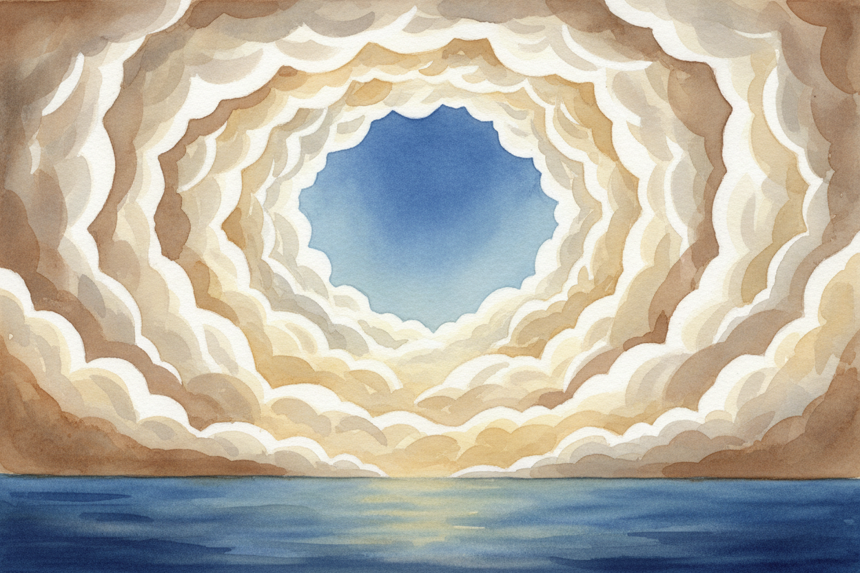 At the very center — **the eye** — the air is calm. The spinning winds are a wall around it, but inside that wall, there