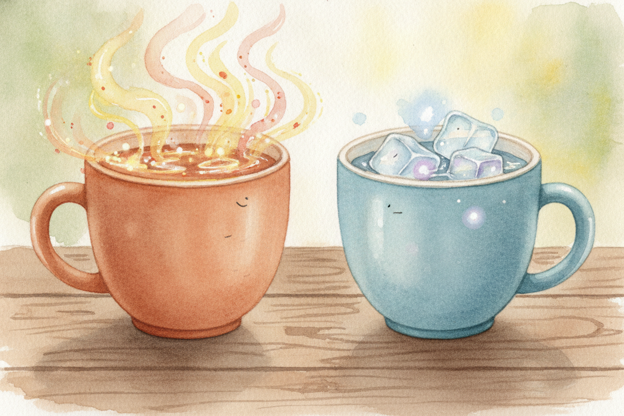 So what is "hot," really? *Heat is just tiny bits of stuff — atoms — jiggling fast*. A hot mug is full of **furiously wi