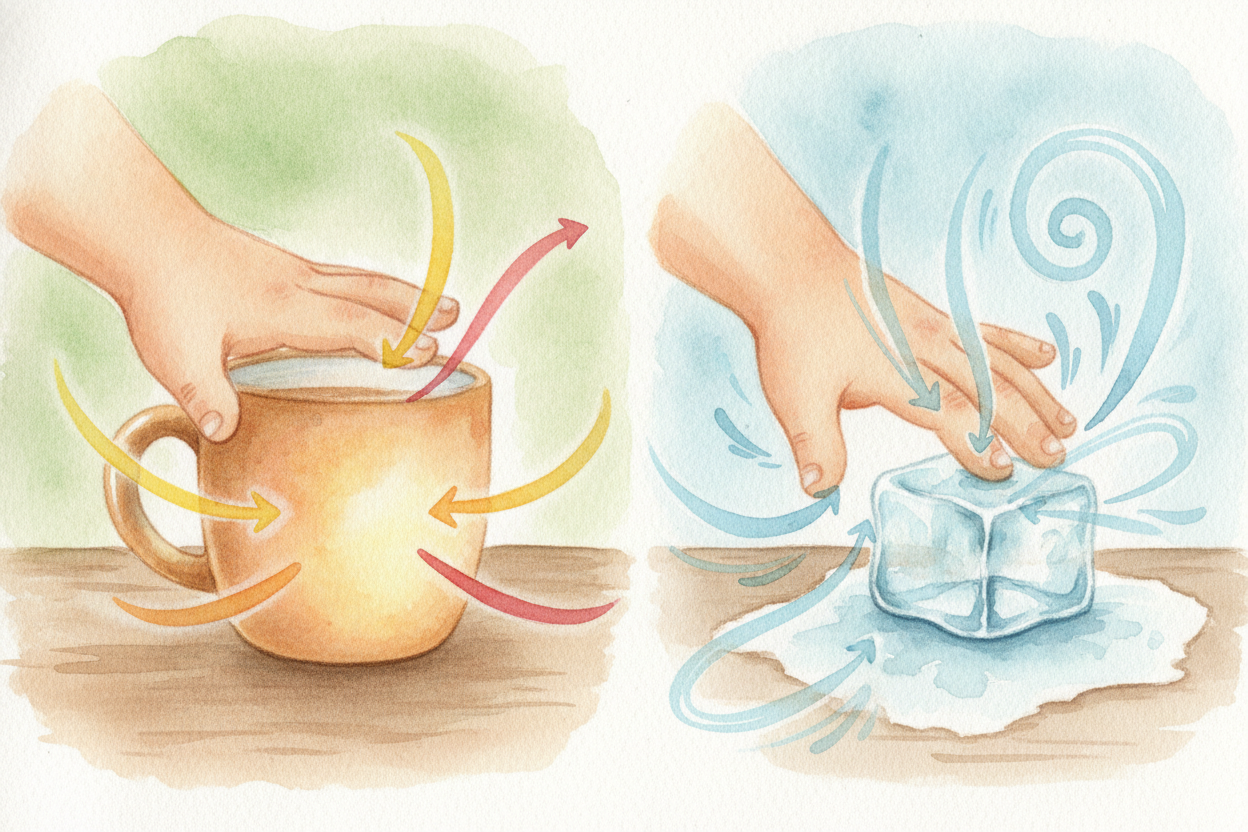 ~~Here's the twist~~ your hand never told you: **heat always flows from hotter to colder**. Touch a warm mug, and heat r