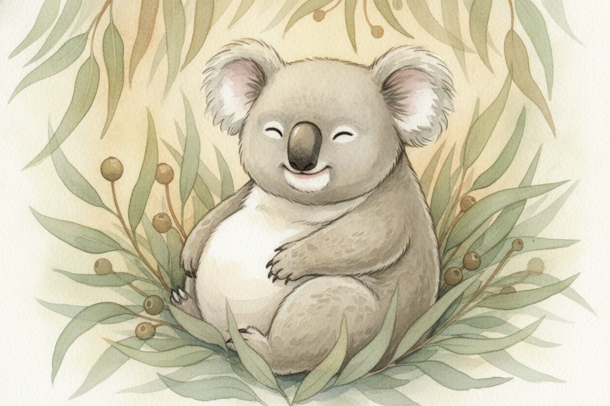 Their slow tummy plays along too. A koala's gut *takes its sweet time* squeezing **every last drop of nutrition** out of