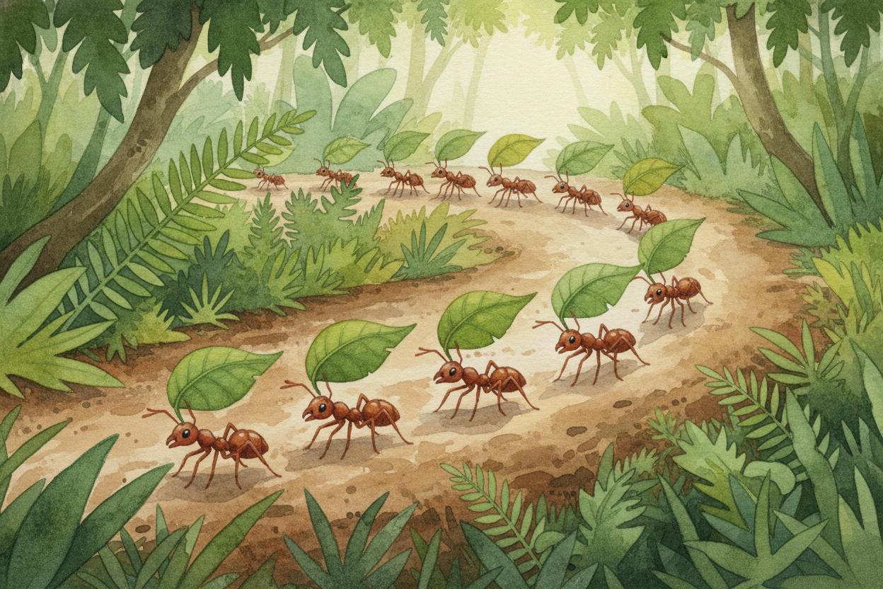 Deep in the rainforest, a parade of **tiny green sails** marches across the jungle floor. ~~But look closer~~ — those ar