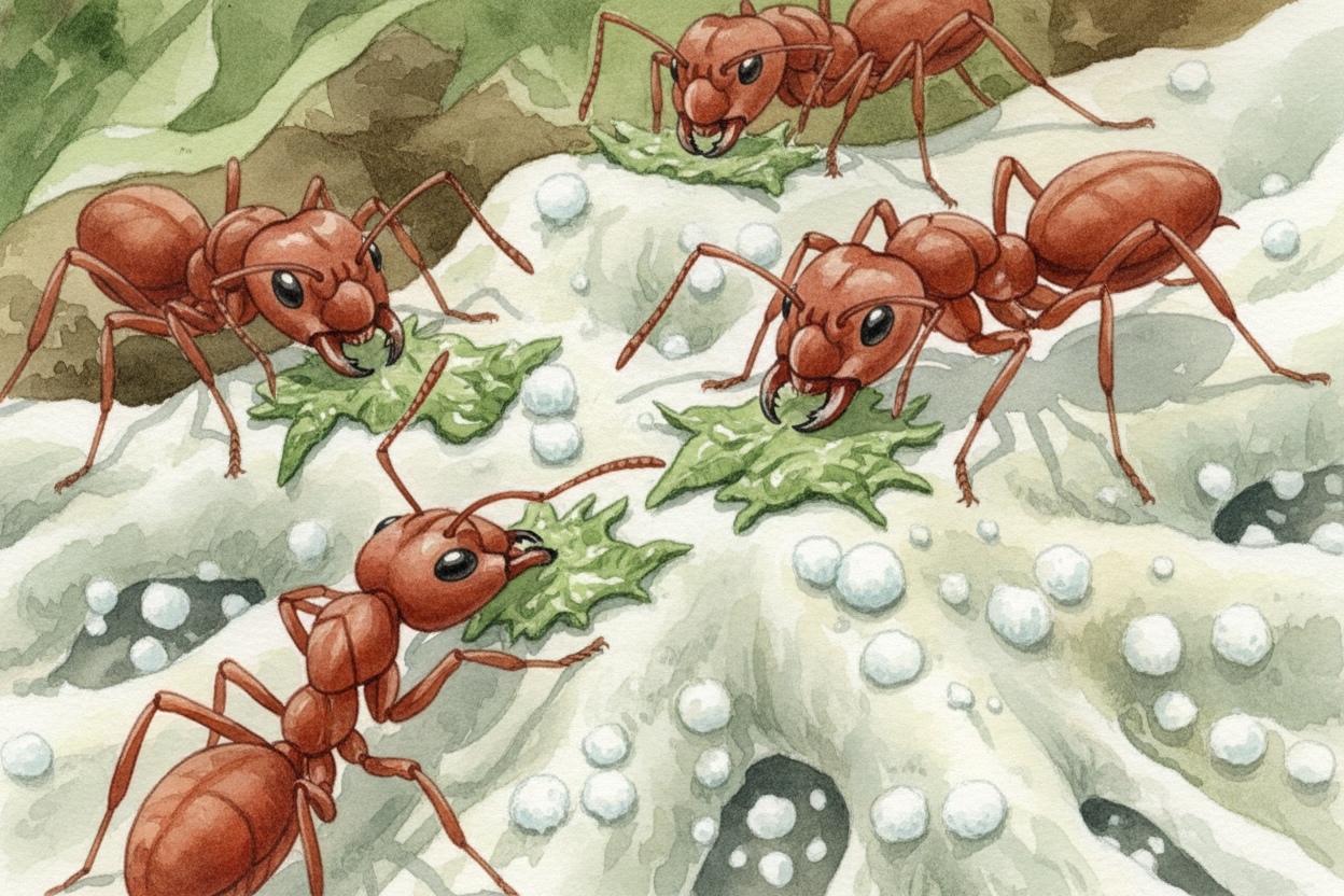 The ants chew the fresh leaves into pulp, **like making papier-mâché**, then spread it carefully onto the fungus. The fu