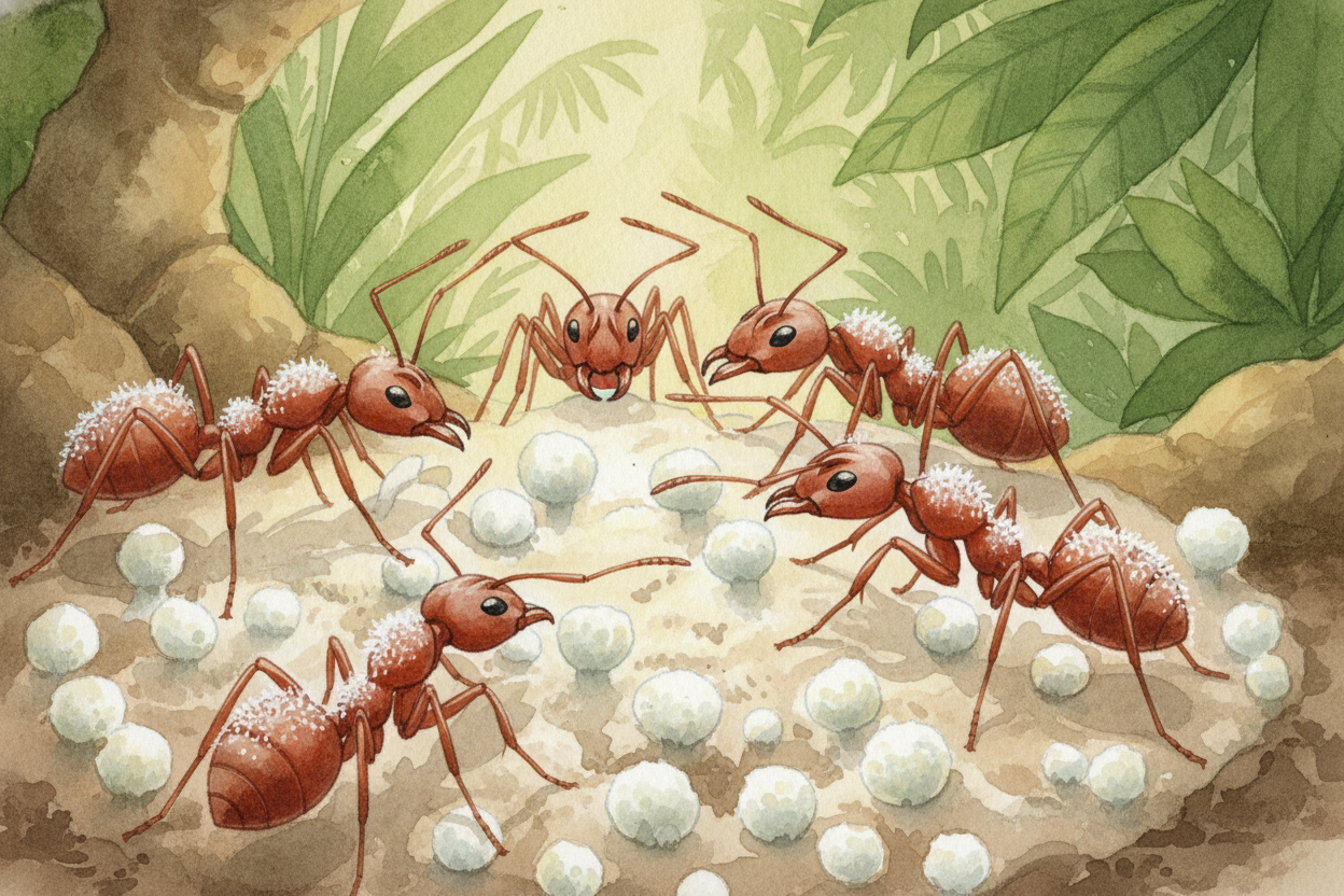 The ants even have tiny workers *whose only job is weeding* — they patrol the garden, ~~snipping out~~ any mold or bacte