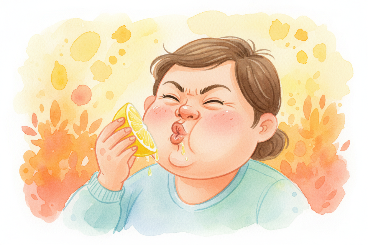 You bite into a lemon and — ~~wow!~~ — **your whole face scrunches up**. Your mouth puckers, your eyes squeeze shut, and