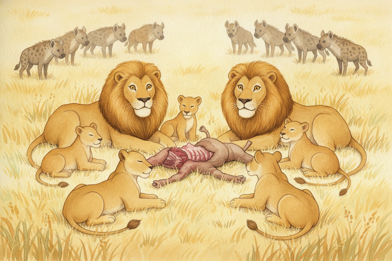 There's another reason the savanna rewards a crowd. Lions hunt big animals — zebra, buffalo, wildebeest. ~~That's a LOT 