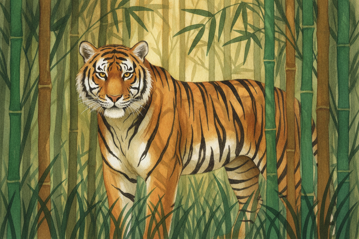 ~~Now meet the tiger~~, who lives somewhere completely different: thick forests and tangled jungles. Here the world is *