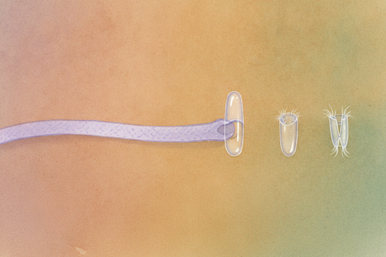 여기 똑똑한 세부 사항이 하나 있어요. 당신의 ++DNA++ 가닥 끝에는 **신발 끈 끝의 딱딱한 부분처럼** 플라스틱 팁 같은 ‘뚜껑’이 씌워져 있어요. 이것을 ++텔로미어++라고 해요. 세포가 복사될 때마다 그 