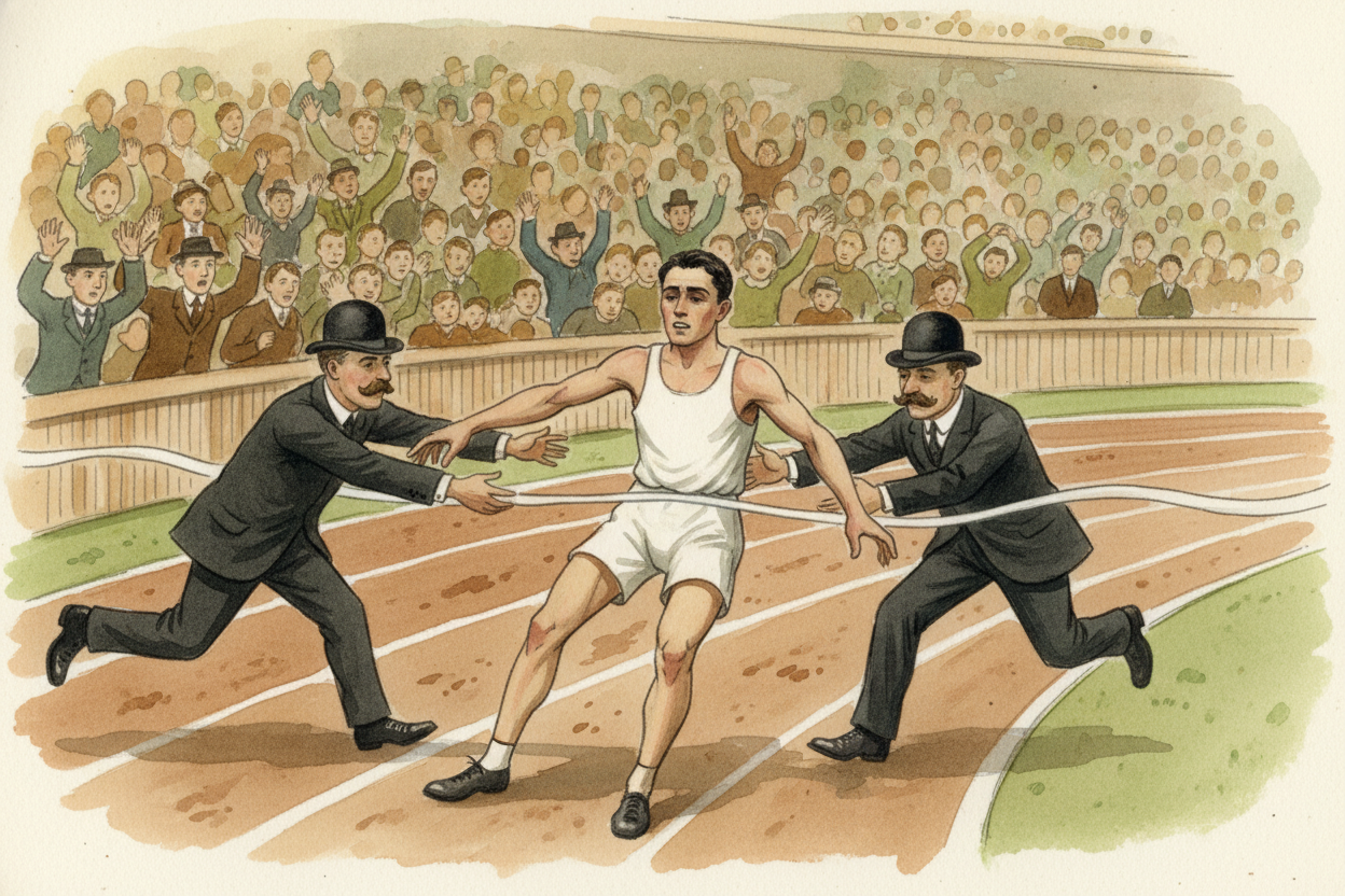 That 1908 race was dramatic. An Italian runner named ++Dorando Pietri++ **staggered into the stadium first, collapsed**,