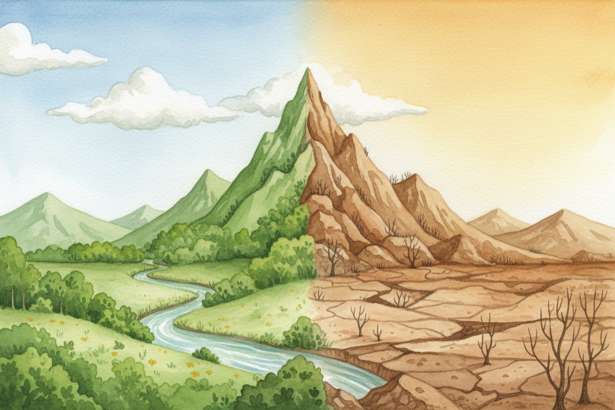 You've probably noticed: one side of a ++mountain range++ can be sunny and green, while the other side is dry and brown.