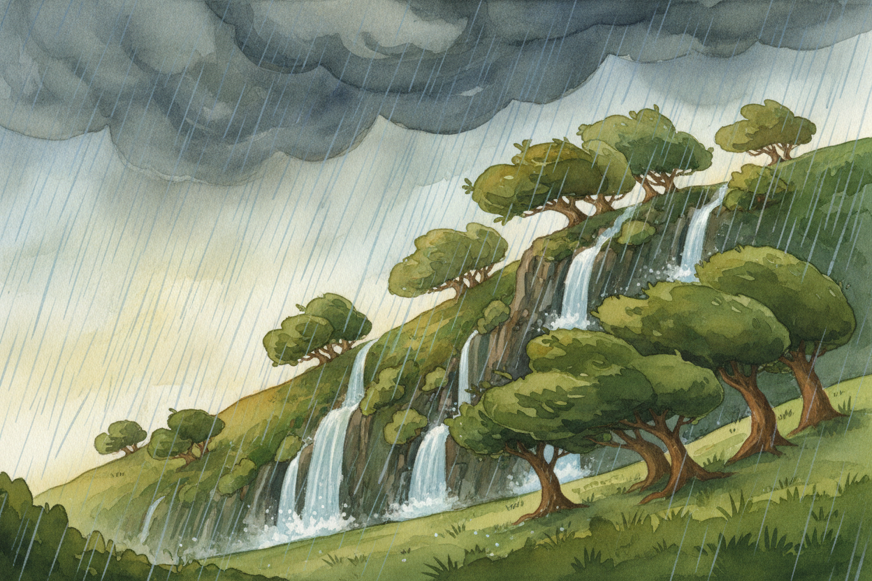 ~~So the climbing air squeezes out its water.~~ Clouds form. Rain falls. Sometimes snow. All that moisture dumps on the 