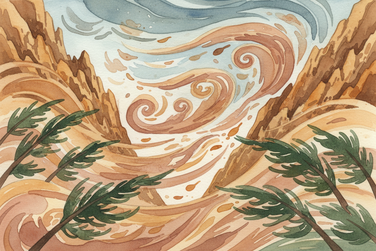 Mountains also speed wind up and funnel it through passes, creating local wind patterns with their own names — like the 