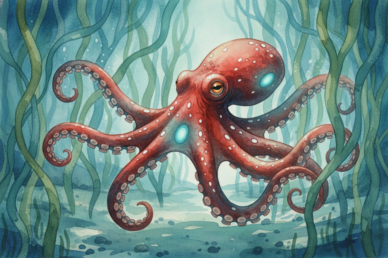 An octopus slides through the kelp forest, arms rippling, skin flashing from brown to red to speckled white. Inside that