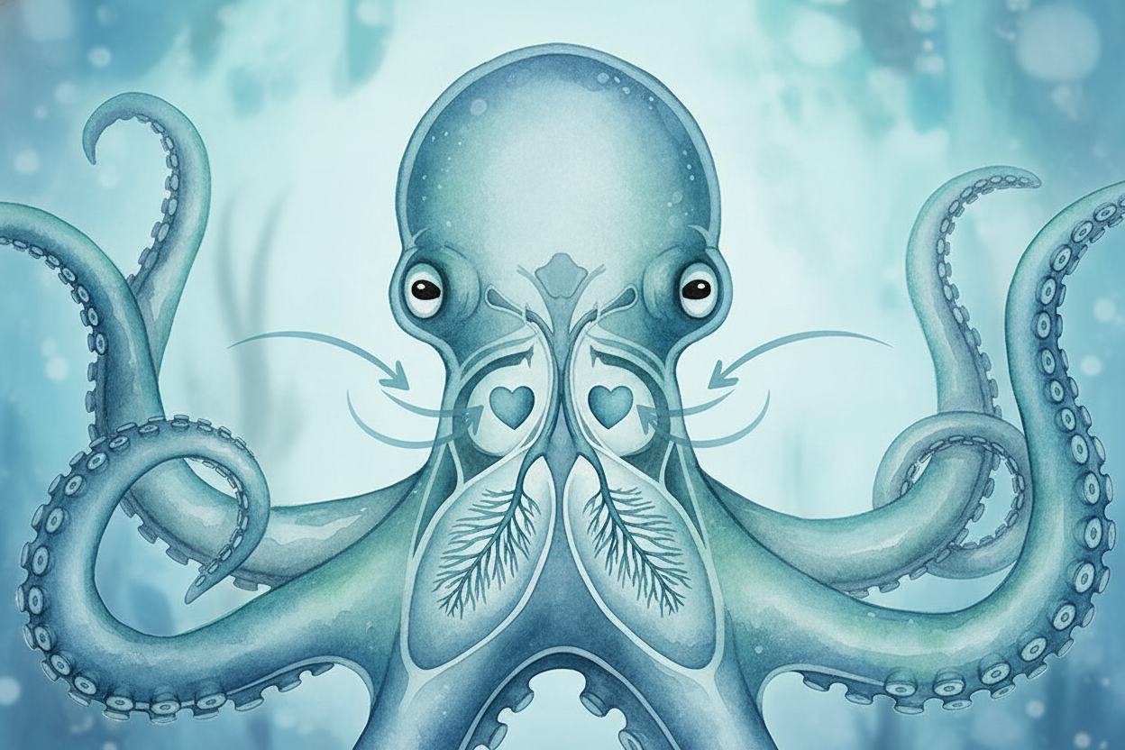 So evolution gave the octopus **not one heart, but three** — a two-stage pumping system. Two of the hearts are called ++