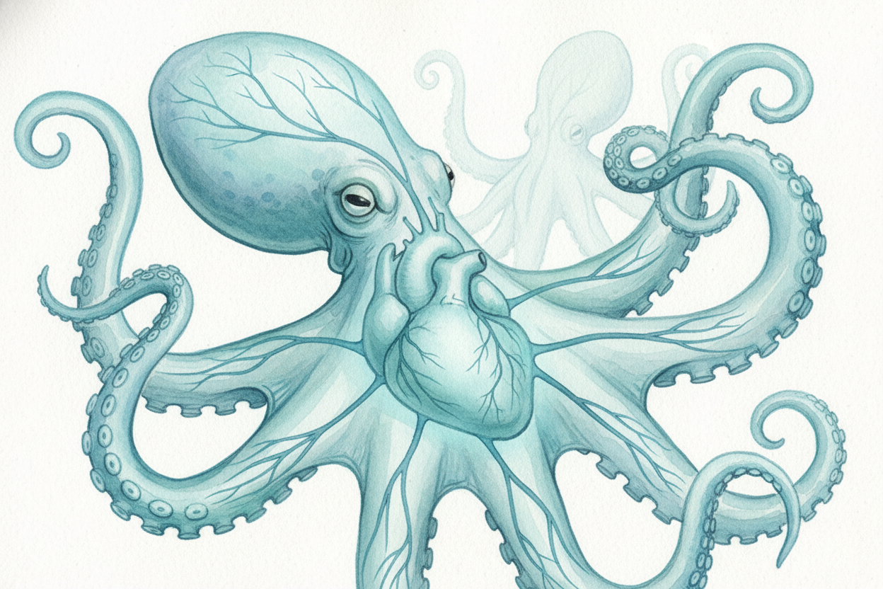 Once the blood is re-oxygenated and **bright blue again**, it flows to the third heart — the ++systemic heart++, the big