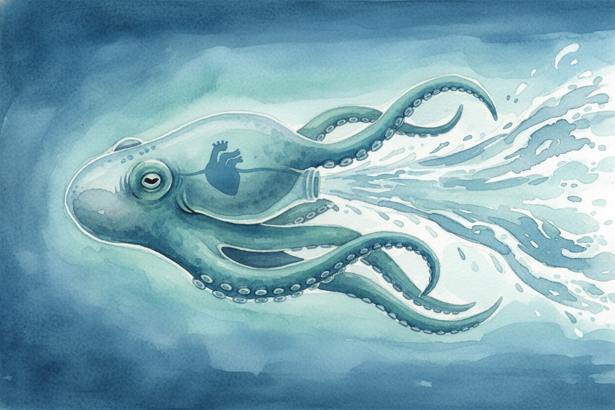 ~~Here's the wild part:~~ when an octopus jets forward by squeezing water out of its siphon — its fastest, most dramatic