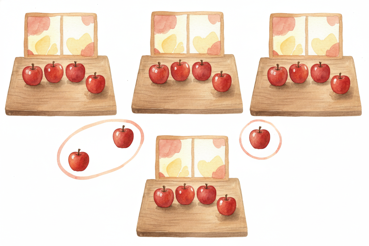 Multiplication is where the pattern gets really elegant. When you multiply, you're **making copies**. 4 times 3 means "m