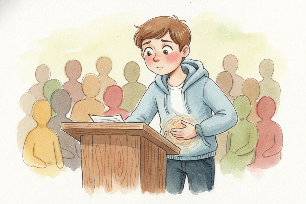 You're about to give a speech. Your hands are sweaty. Your heart is pounding. And then — ~~GRRRROWWWL~~ — **your stomach