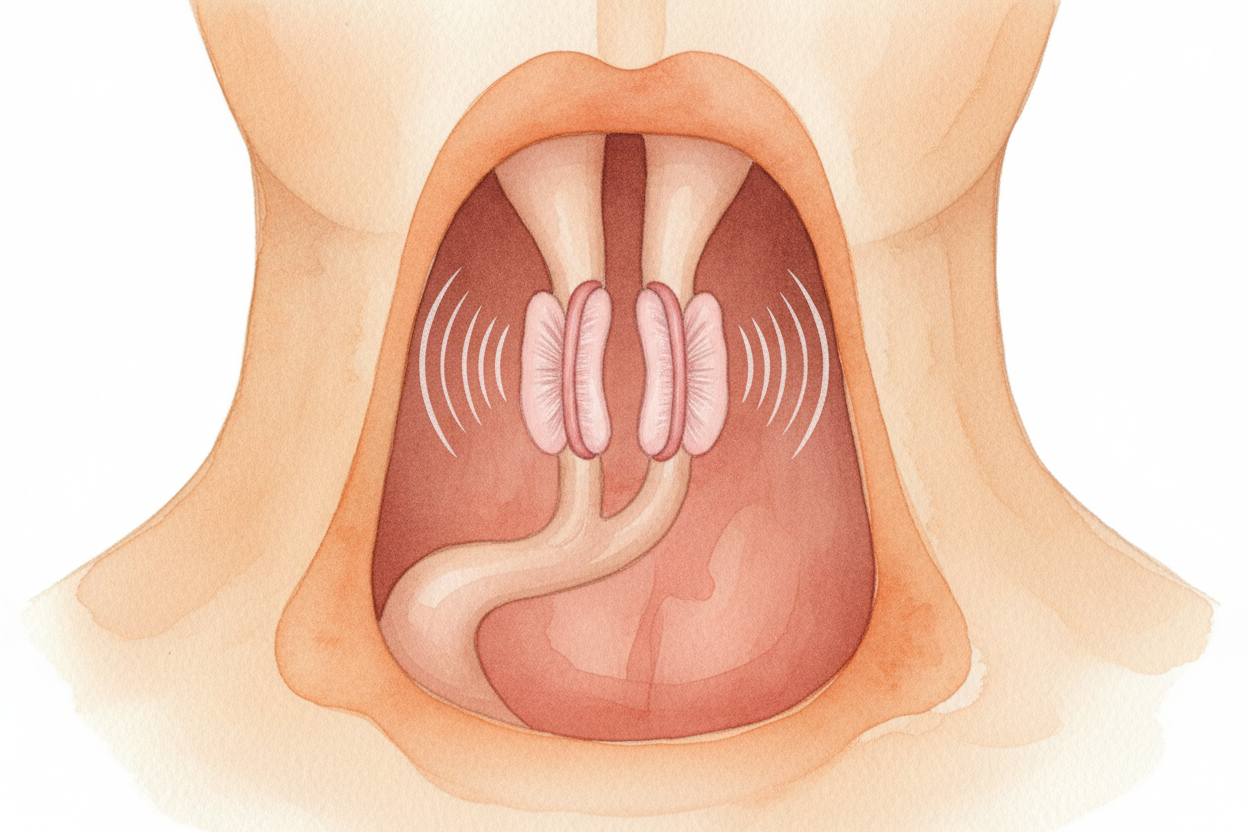 Every voice starts the same way: air from your lungs rushes past two small folds in your throat called ++vocal cords++. 