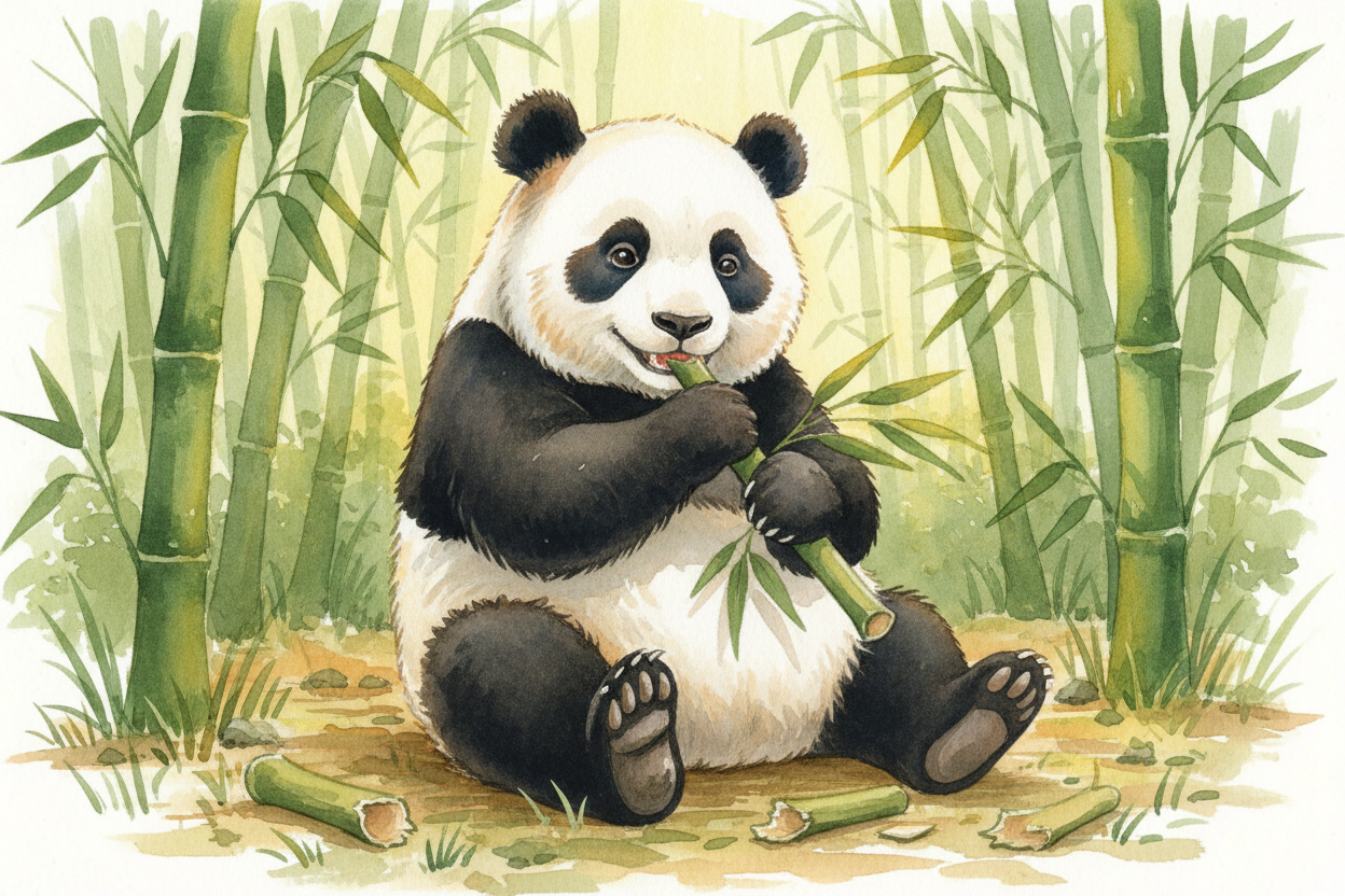 ++Giant pandas++ munch bamboo all day long — up to **40 pounds** of it. That's like eating **four hundred celery sticks*