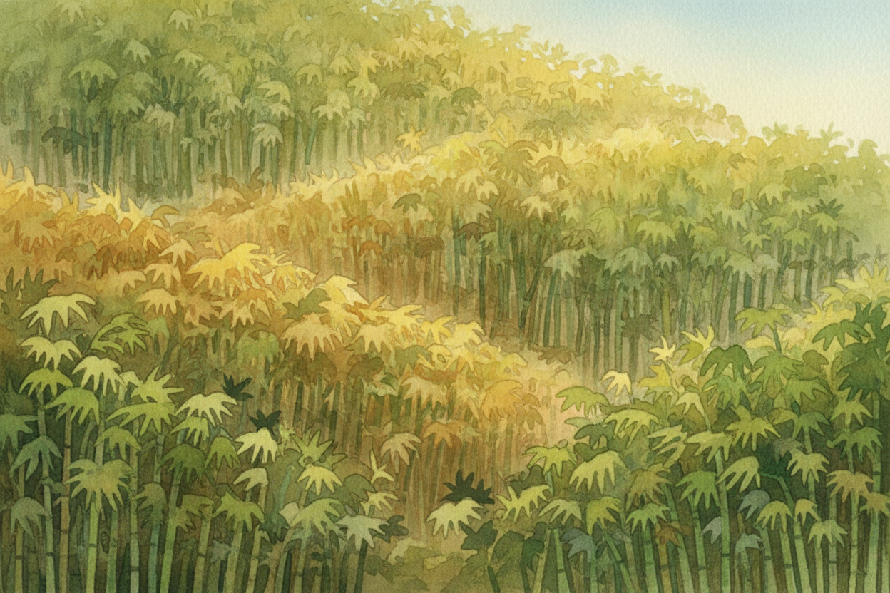 ~~Meanwhile, bamboo was everywhere.~~ It **grows fast**, stays green all year, and blankets entire mountainsides. Most a