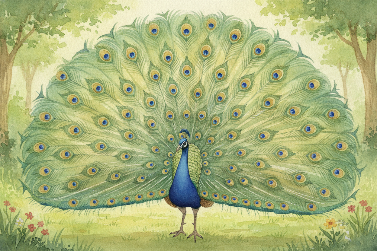 A peacock walks into a clearing, drops what looks like an ordinary brown bird, and then — ~~fwoom~~ — unfurls a fan tall