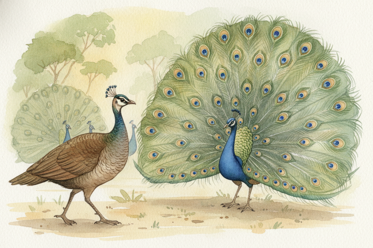 ~~Here's the twist:~~ the peacock isn't dressing up for other peacocks. He's **dressing up for the peahens**. The female