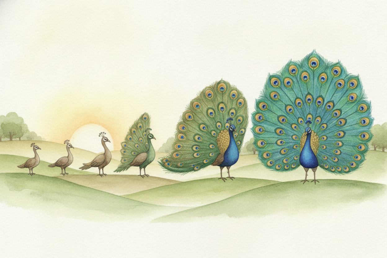 So how did peacocks end up this extreme? ~~Slowly, over countless generations.~~ Long ago, peahens slightly preferred th