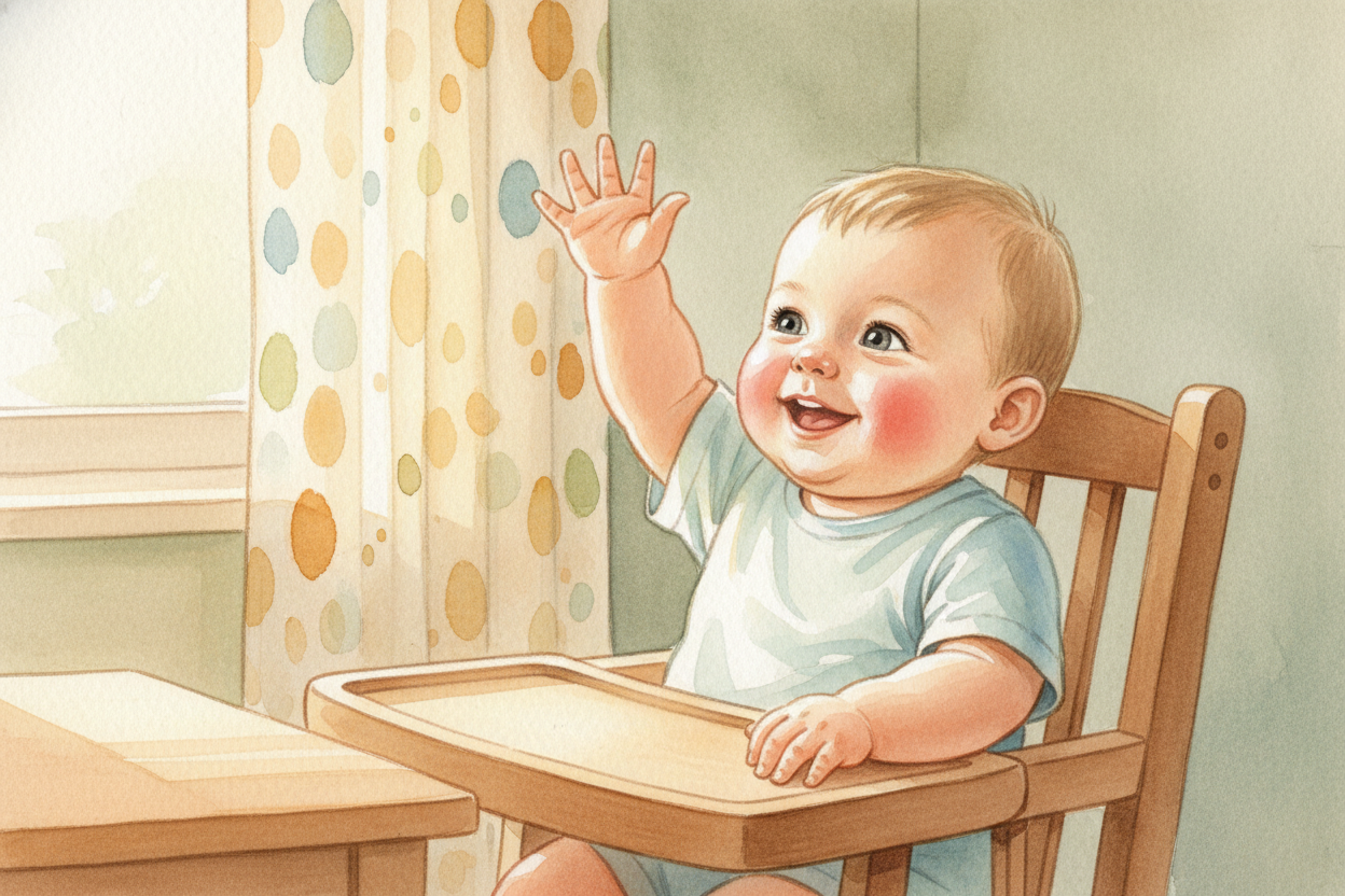 The wave became a greeting reflex. ~~Babies wave before they can talk~~ — around **eight or nine months old**, they figu